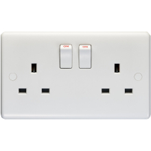 2 Gang Double Pole 13A Switched UK Plug Socket - WHITE PLASTIC Wall Power Outlet