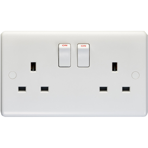 Loops 2 Gang Double Pole 13A Switched UK Plug Socket - WHITE PLASTIC Wall Power Outlet