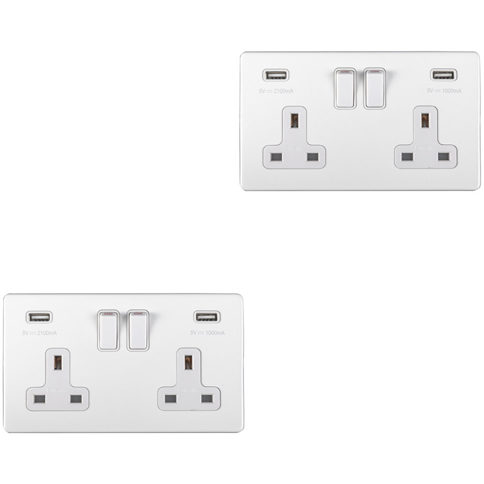 2 PACK 2 Gang Double 13A UK Plug Socket & 2.1A USB-A SCREWLESS MATT WHITE