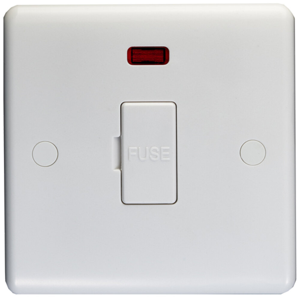 13A Unswitched Fuse Spur & Neon - WHITE PLASTIC Mains Isolation Wall Plate