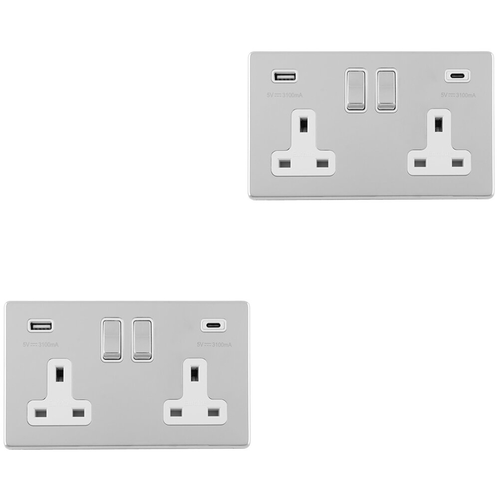 2 PACK 2 Gang Double 13A UK Plug Socket & 2x 3.1A USB-C SCREWLESS CHROME Charger