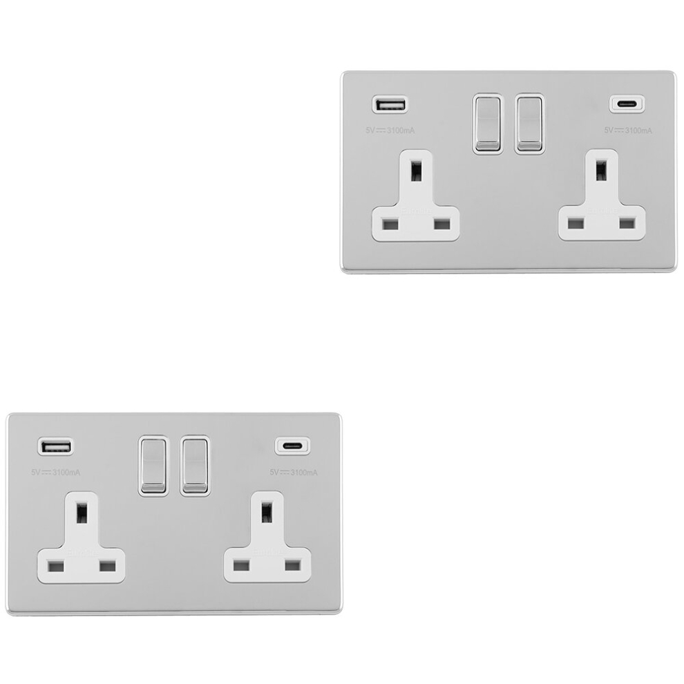 Loops 2 Pack 2 Gang Double 13A Uk Plug Socket & 2X 3.1A Usb-C Screwless Chrome Charger