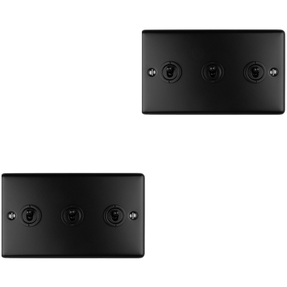 2 PACK 3 Gang Triple Retro Toggle Light Switch MATT BLACK 10A 2 Way Plate