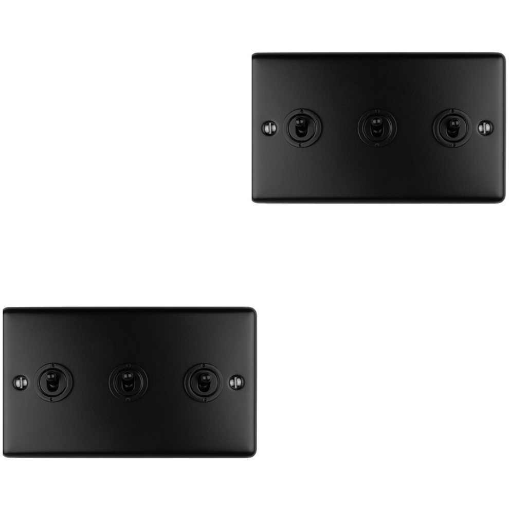 2 Pack 3 Gang Triple Retro Toggle Light Switch Matt Black 10A 2 Way Plate 5056581967039