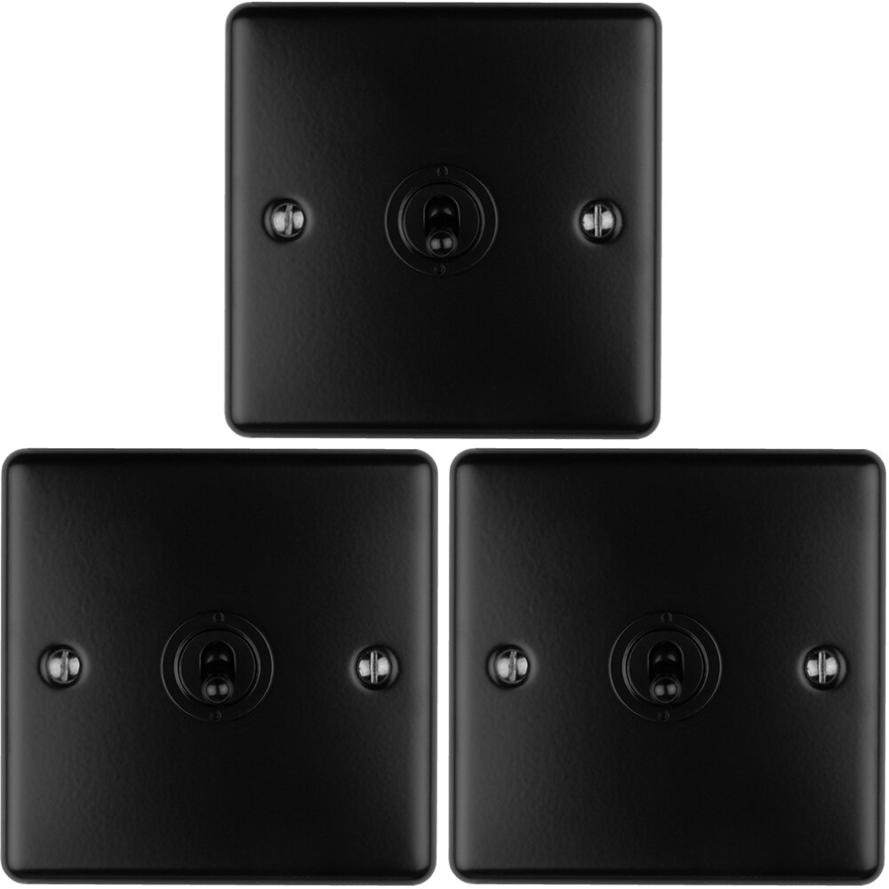 3 PACK 1 Gang Single Retro Toggle Light Switch MATT BLACK 10A 2 Way Plate