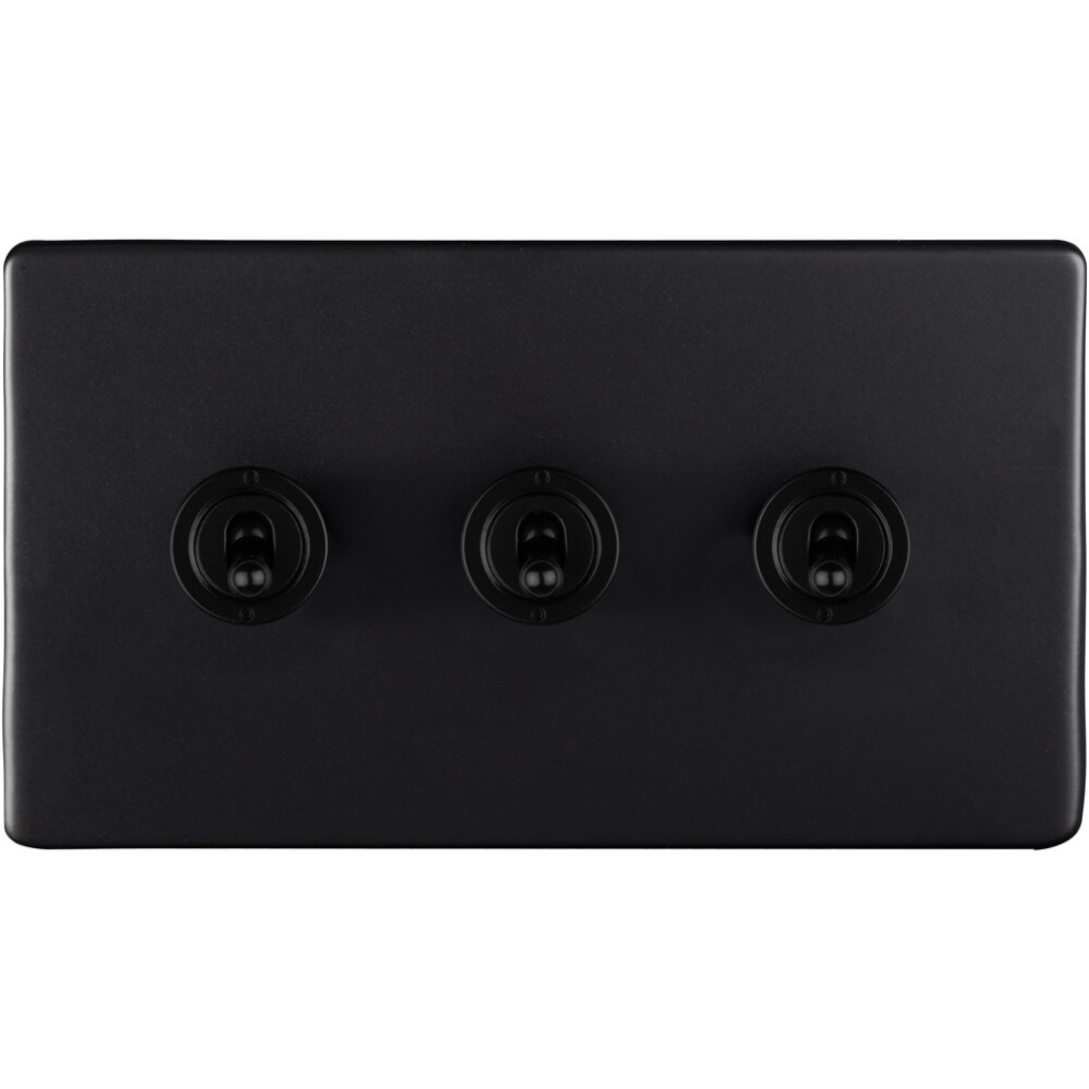 Loops 3 Gang Triple Retro Toggle Light Switch Screwless Matt Black 10A 2 Way Lever - Image 2
