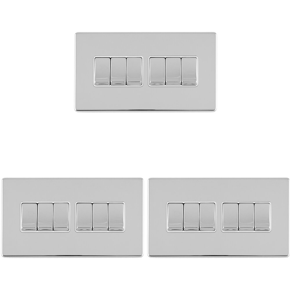 3 PACK 6 Gang Multi Light Switch SCREWLESS POLISHED CHROME 2 Way 10A Rocker