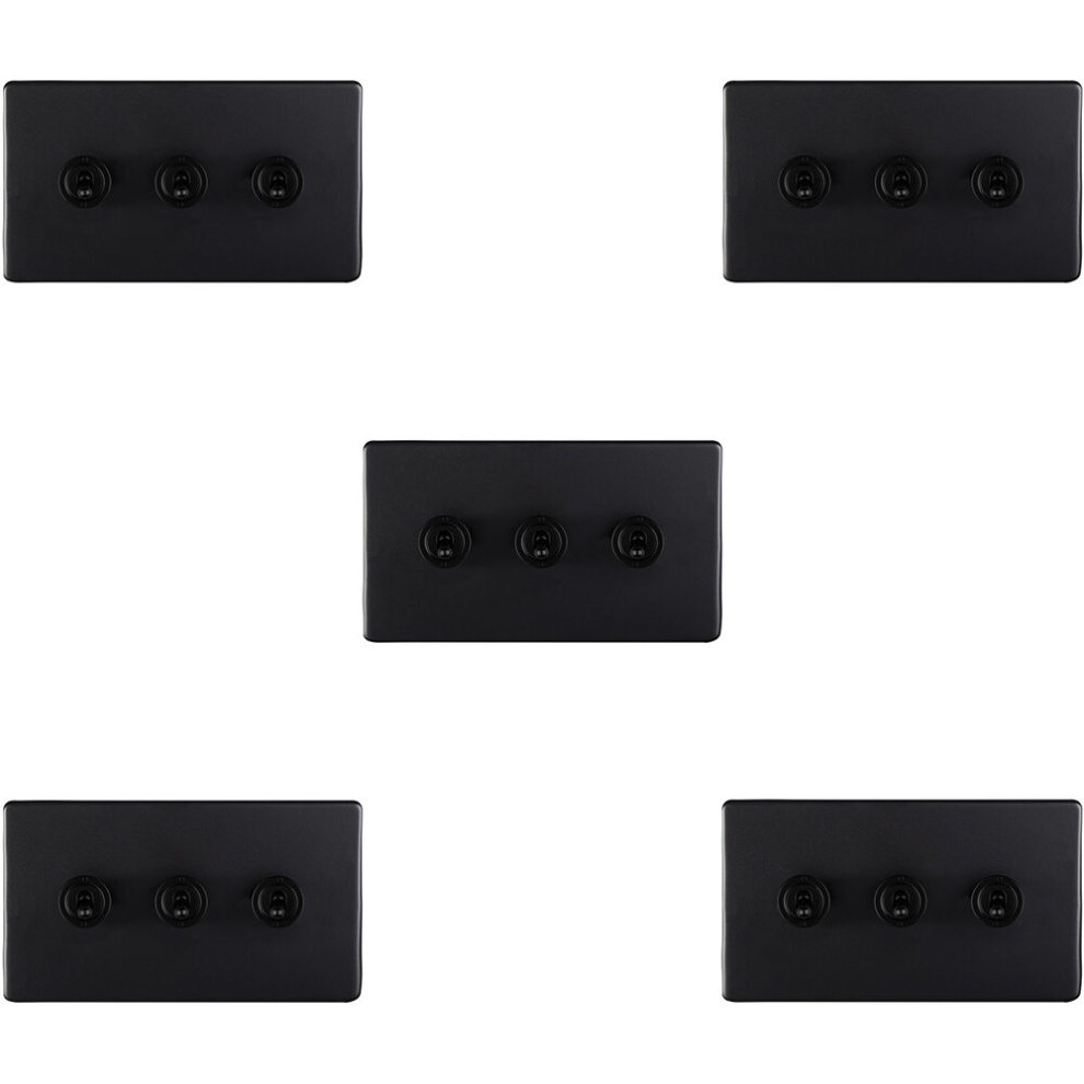 5 PACK 3 Gang Triple Retro Toggle Light Switch SCREWLESS MATT BLACK 10A 2 Way