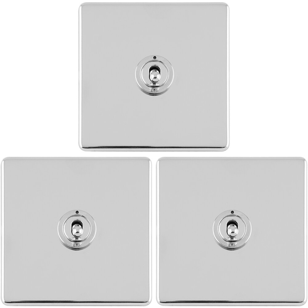 3 PACK 1 Gang Single Retro Toggle Light Switch SCREWLESS CHROME 10A 2 Way Plate