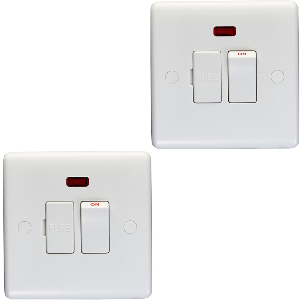 2 PACK 13A Switched Fuse Spur & Neon WHITE Mains Isolation Appliance Wall Plate