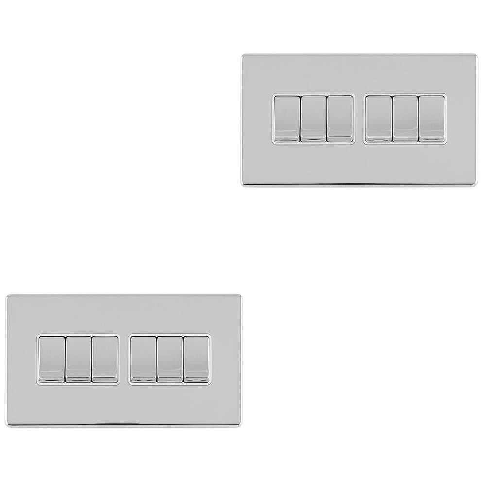 2 PACK 6 Gang Multi Light Switch SCREWLESS POLISHED CHROME 2 Way 10A Rocker