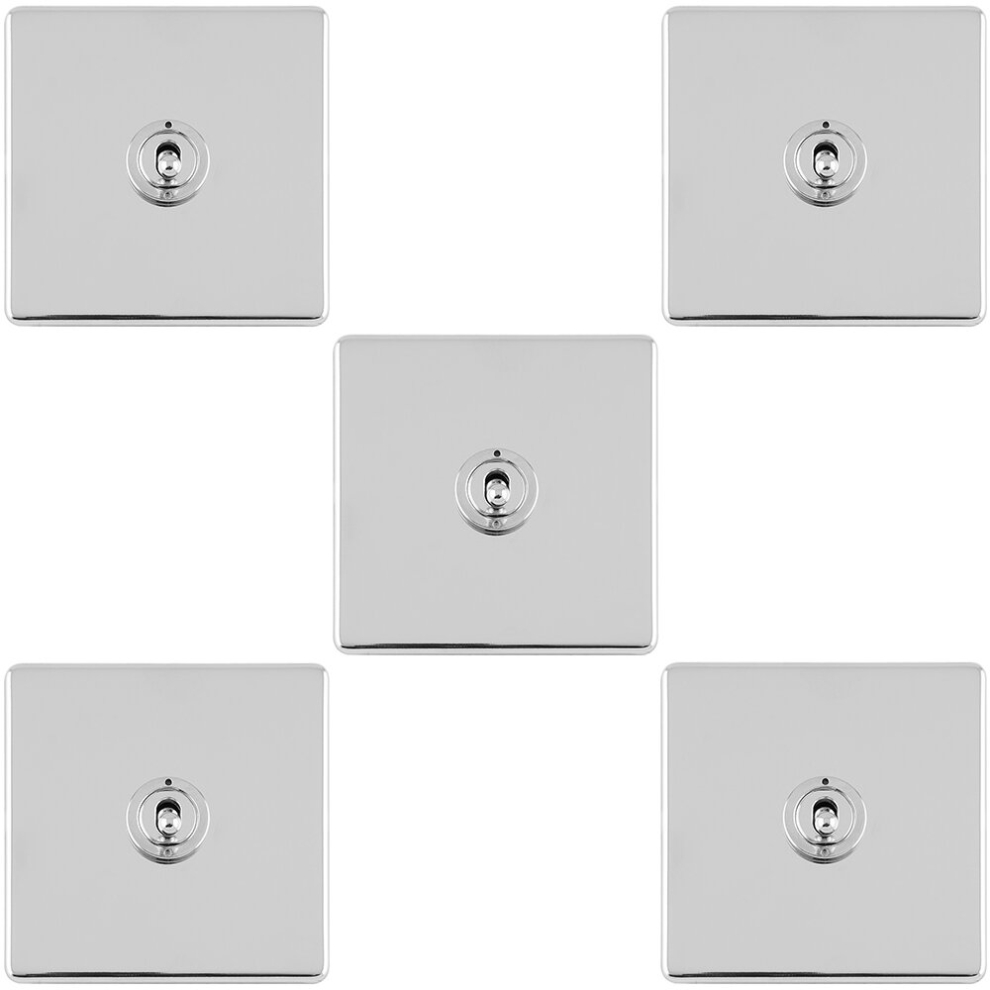 5 PACK 1 Gang Single Retro Toggle Light Switch SCREWLESS CHROME 10A 2 Way Plate