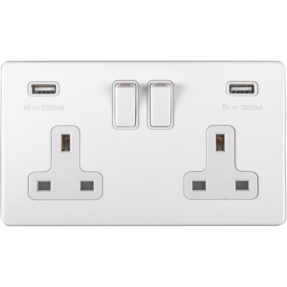 2 Gang Double 13A UK Plug Socket & 2.1A USB-A Charger SCREWLESS MATT WHITE