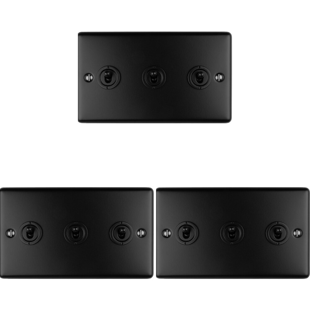 3 PACK 3 Gang Triple Retro Toggle Light Switch MATT BLACK 10A 2 Way Plate-image-OPC-PDC69P6-NEW