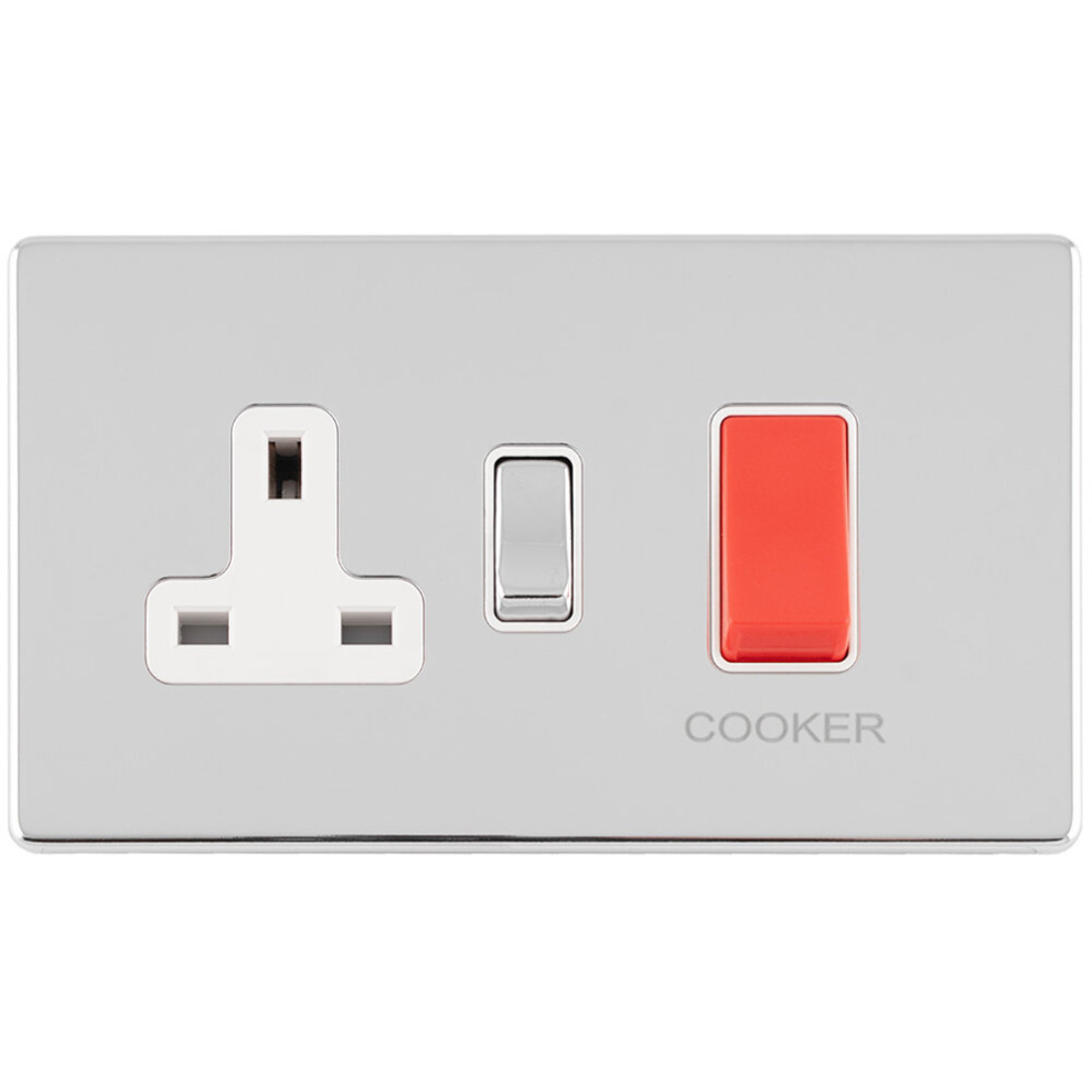 45A Dp Oven Cooker Switch & Single 13A Switched Socket Screwless Polished Chrome 5056581976314
