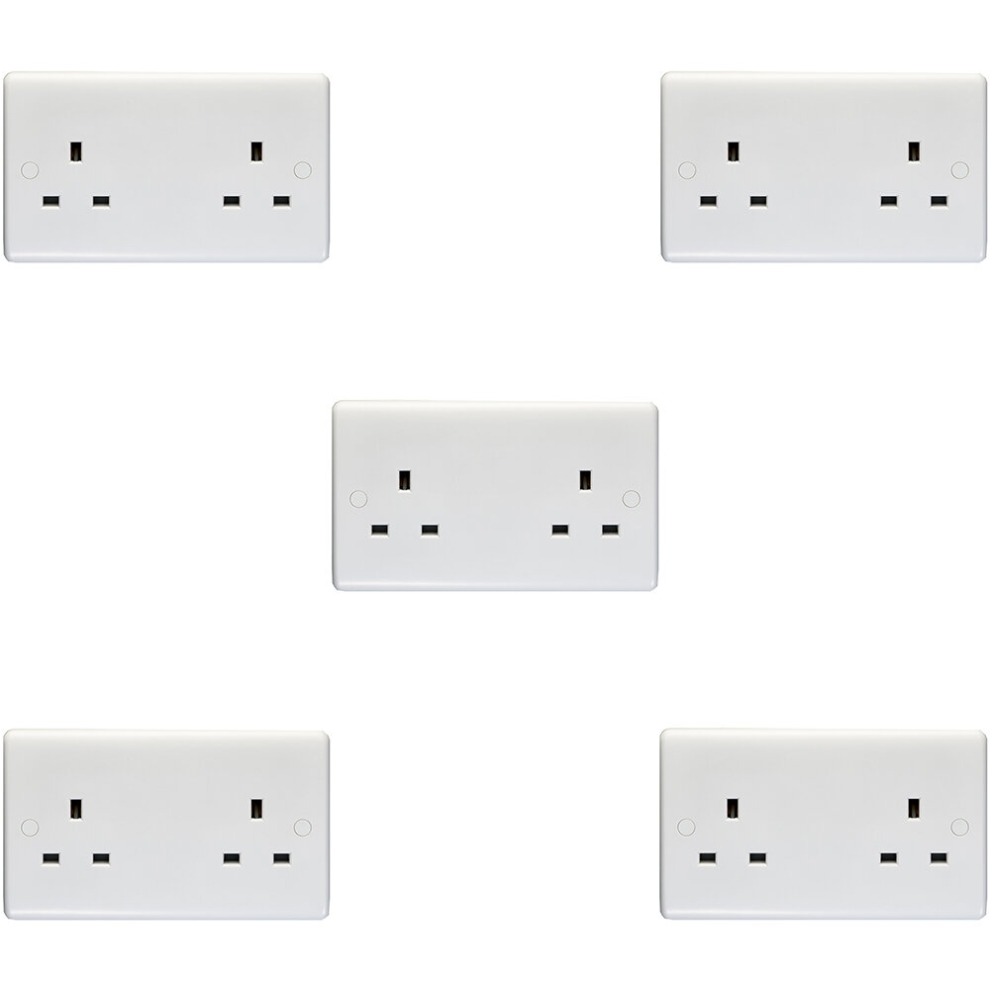 5 PACK 2 Gang Double 13A Unswitched UK Plug Socket - WHITE Wall Power Outlet