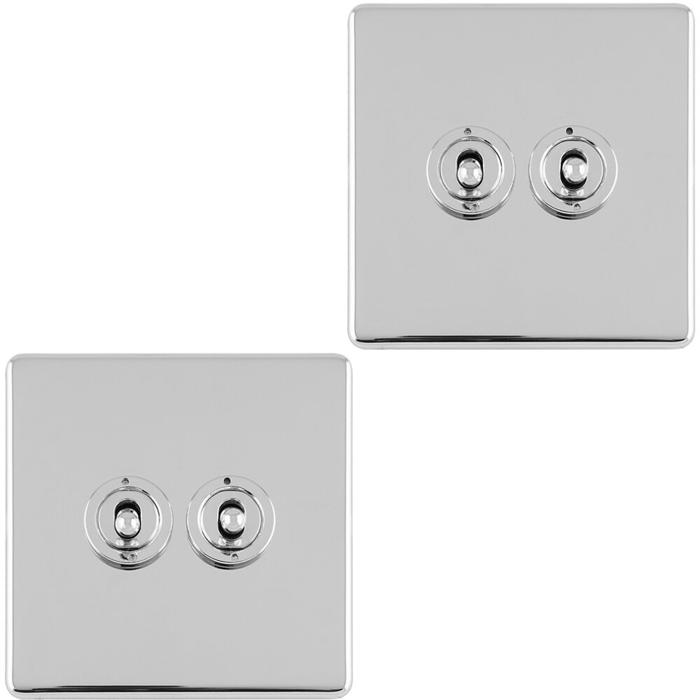 2 PACK 2 Gang Double Retro Toggle Light Switch SCREWLESS CHROME 10A 2 Way Plate