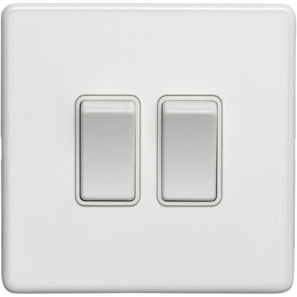 2 Gang Double Light Switch SCREWLESS MATT WHITE 2 Way 10A Metal Rocker Slim