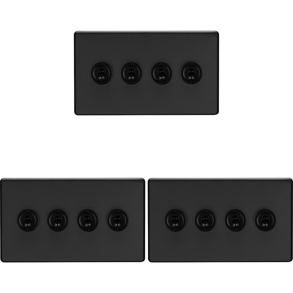 3 Pack 4 Gang Quad Retro Toggle Light Switch Screwless Matt Black 10A 2 Way