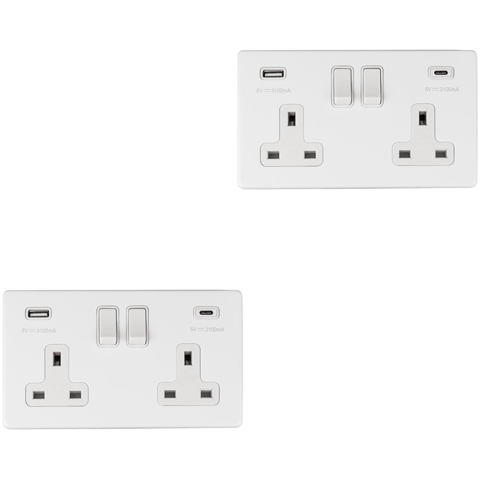 2 PACK 2 Gang Double 13A UK Plug Socket & 2x 3.1A USB-C & A SCREWLESS MATT WHITE