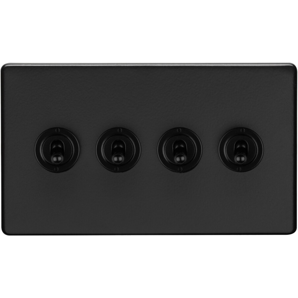 4 Gang Quad Retro Toggle Light Switch SCREWLESS MATT BLACK 10A 2 Way Lever