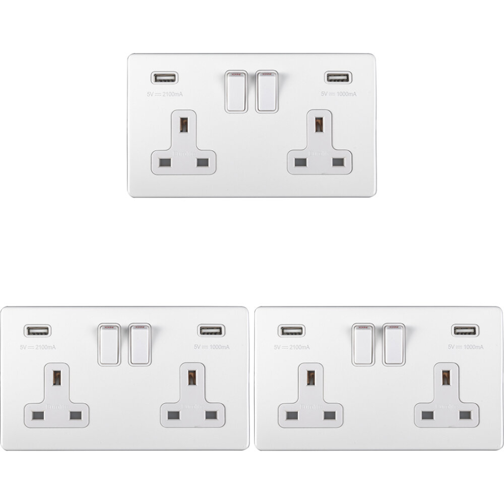 3 PACK 2 Gang Double 13A UK Plug Socket & 2.1A USB-A SCREWLESS MATT WHITE