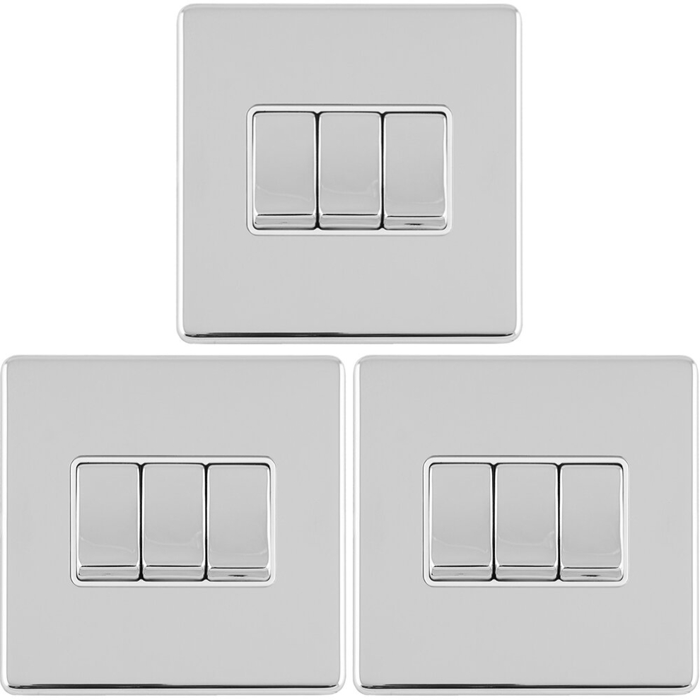 3 PACK 3 Gang Triple Light Switch SCREWLESS POLISHED CHROME 2 Way 10A Rocker