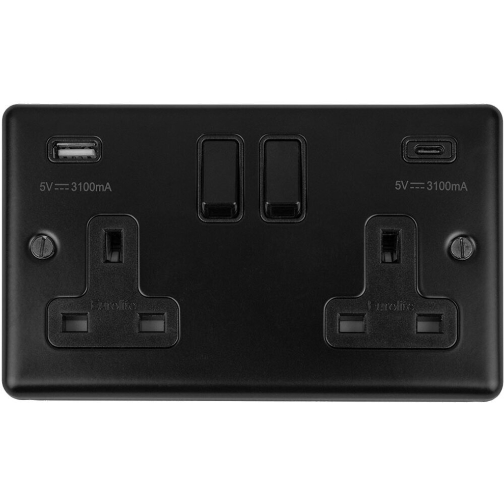 2 Gang Double UK Plug Socket & Dual 3.1A USB-C USB-A MATT BLACK 13A Switched