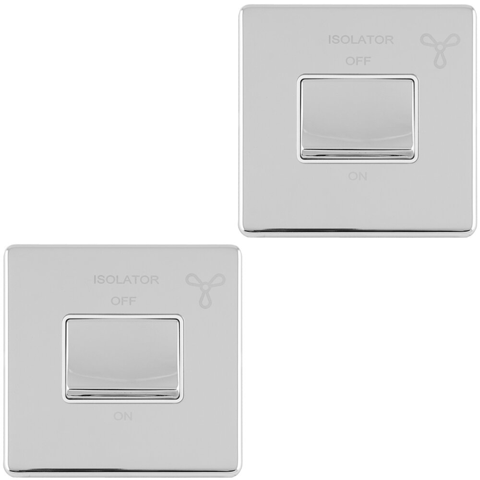 2 PACK SCREWLESS 6A Extractor Fan Isolator Switch POLISHED CHROME 3 Pole Shower