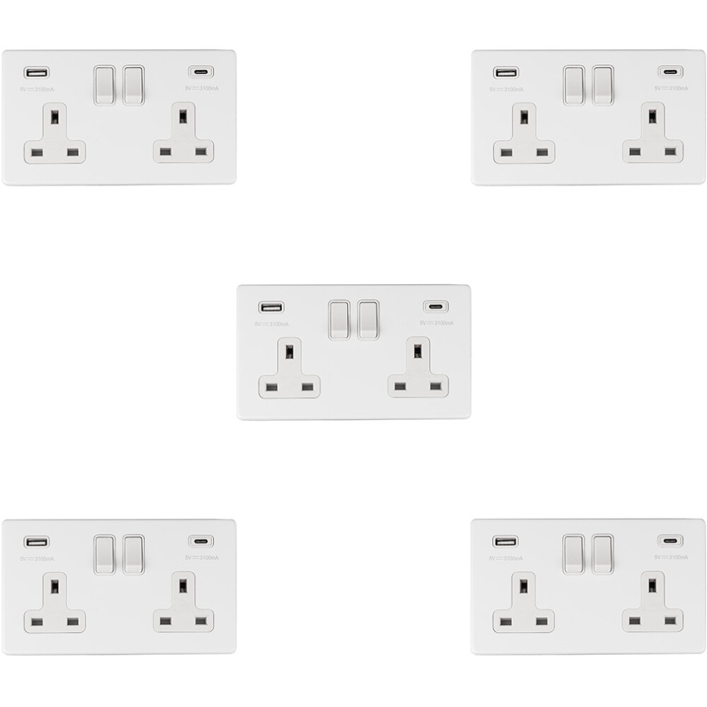 5 PACK 2 Gang Double 13A UK Plug Socket & 2x 3.1A USB-C & A SCREWLESS MATT WHITE