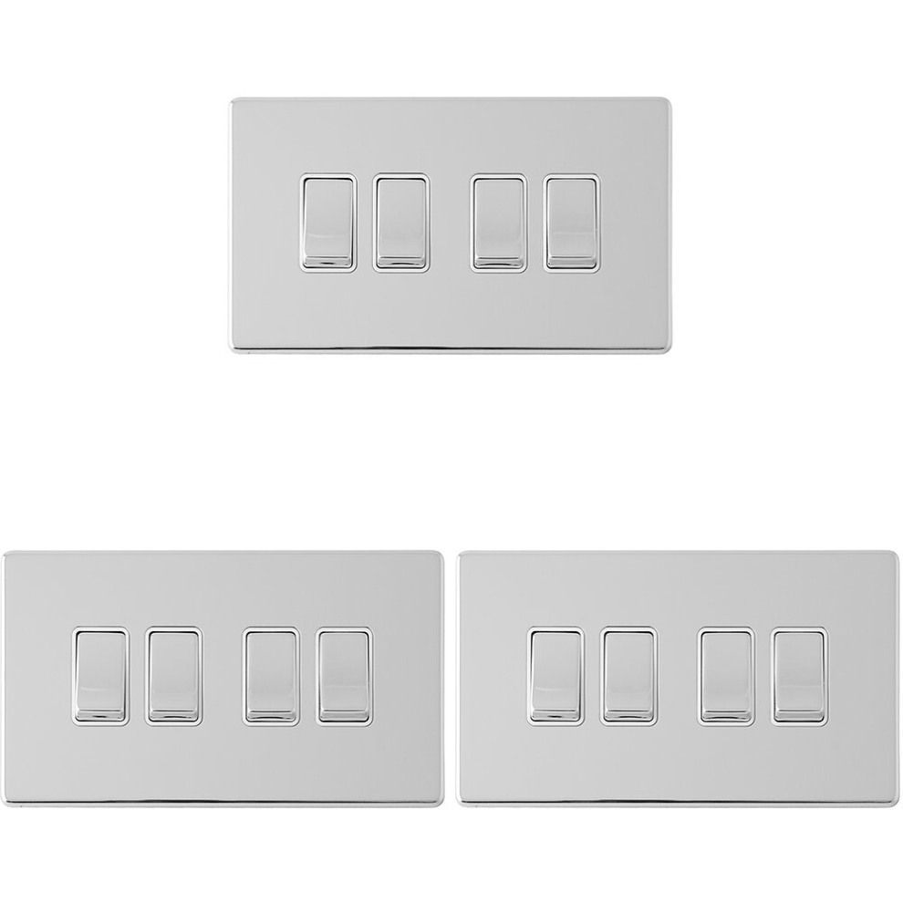 3 PACK 4 Gang QUAD Light Switch SCREWLESS POLISHED CHROME 2 Way 10A Rocker