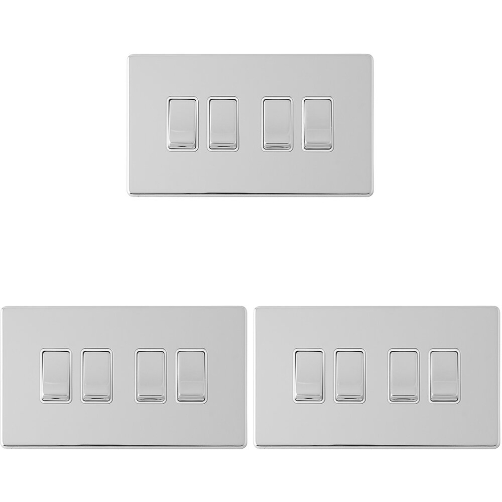 Loops 3 Pack 4 Gang Quad Light Switch Screwless Polished Chrome 2 Way 10A Rocker