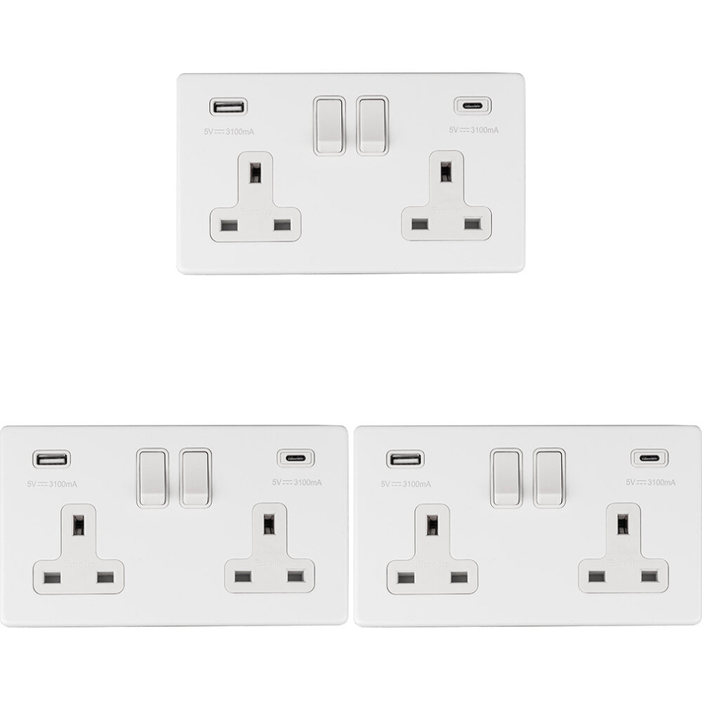 3 PACK 2 Gang Double 13A UK Plug Socket & 2x 3.1A USB-C & A SCREWLESS MATT WHITE