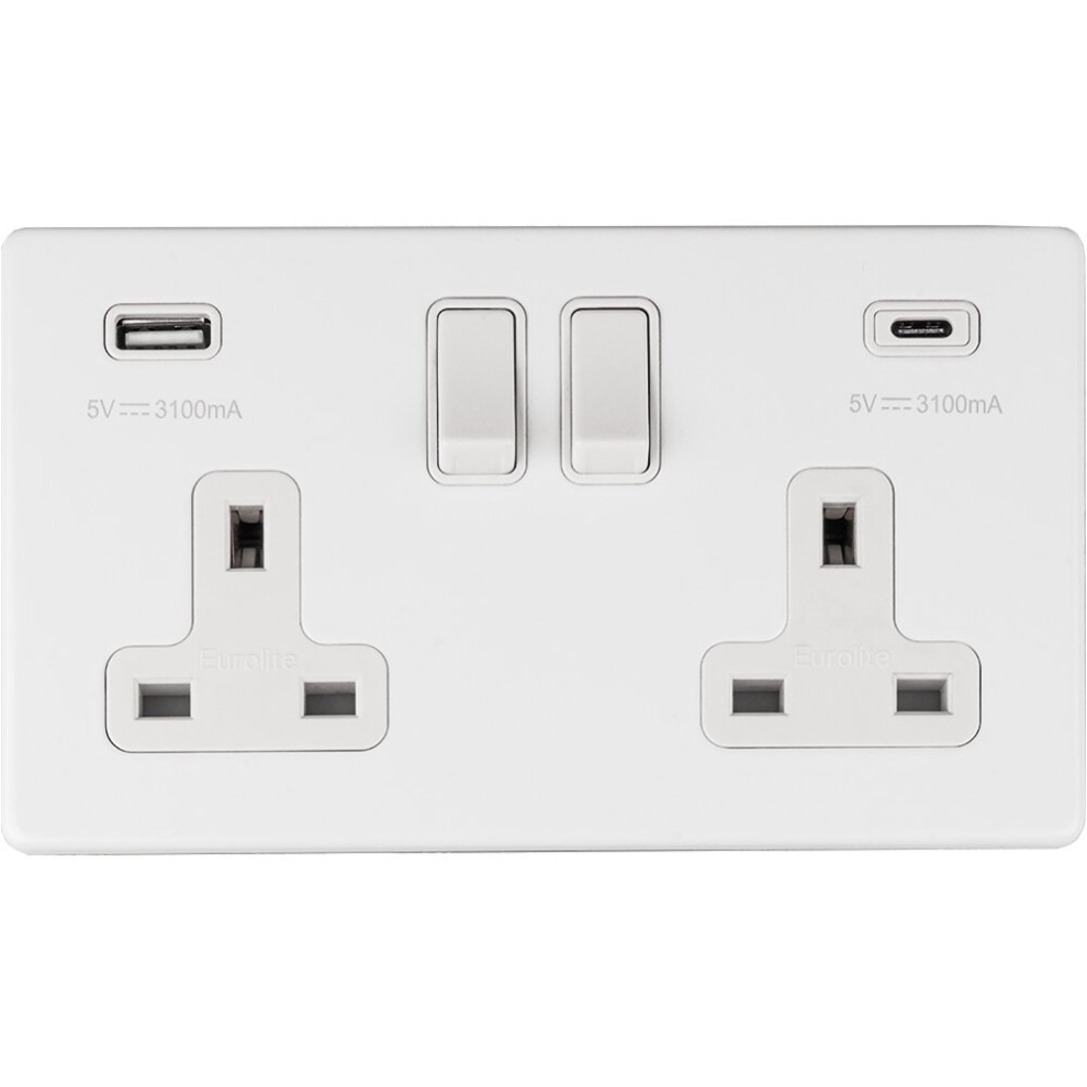 2 Gang Double 13A UK Plug Socket & 2x 3.1A USB-C & USB-A SCREWLESS MATT WHITE