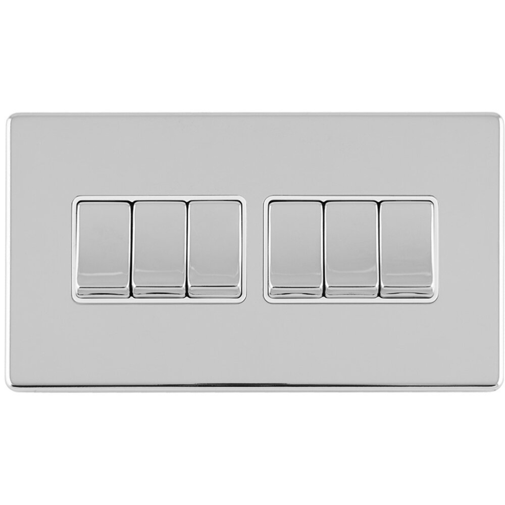 6 Gang Multi Light Switch SCREWLESS POLISHED CHROME 2 Way 10A Metal Rocker Slim