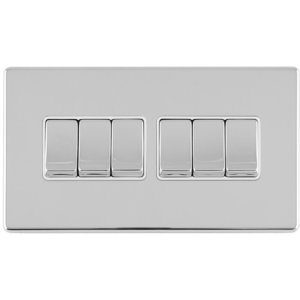 Loops 6 Gang Multi Light Switch Screwless Polished Chrome 2 Way 10A Metal Rocker Slim - Image 2