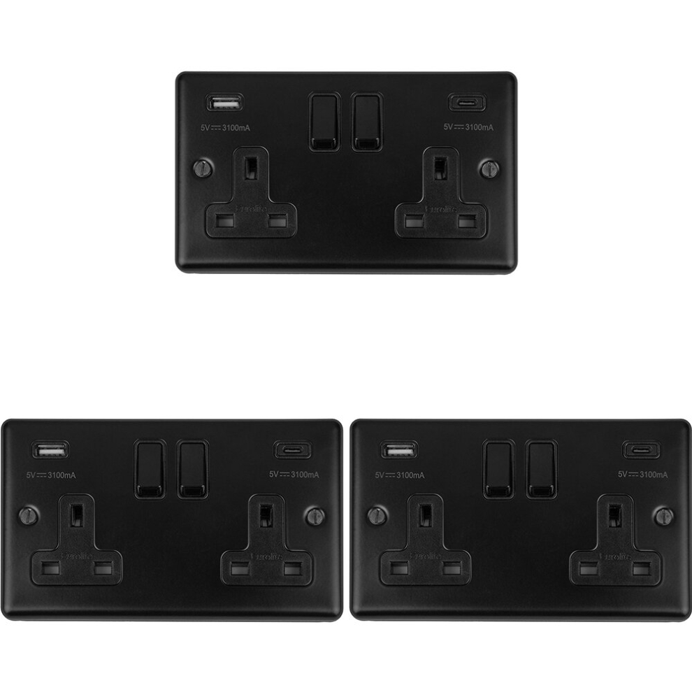 3 PACK 2 Gang Double UK Plug Socket & Dual 3.1A USB-C MATT BLACK 13A Switched