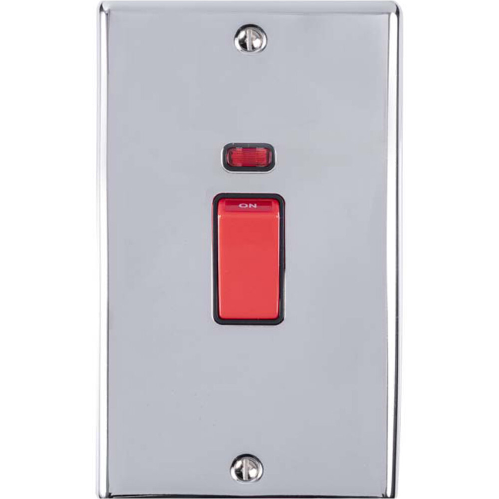 2 Gang Double 45A DP Switch & Neon - POLISHED CHROME & BLACK TRIM Vertical Plate