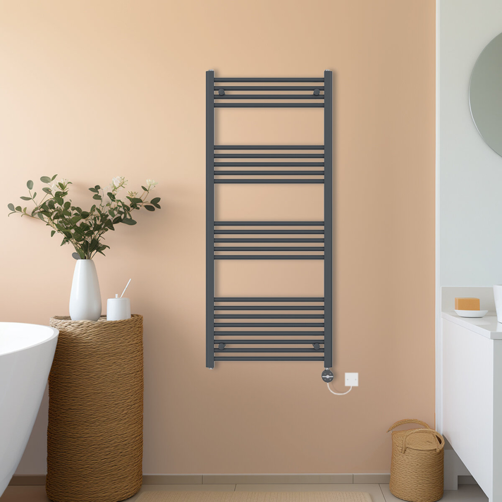 (Anthracite, 1400x600mm) NRG Prefilled Thermostatic Electric Straight Heated Towel Rail Radiator