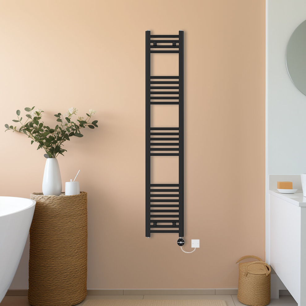 (Black, 1600x300mm) NRG Prefilled Thermostatic Electric Straight Heated Towel Rail Radiator