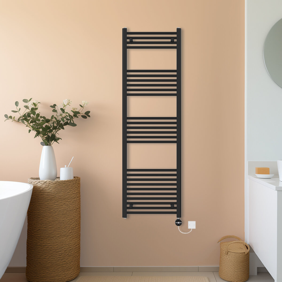 (Black, 1600x500mm) NRG Prefilled Thermostatic Electric Straight Heated Towel Rail Radiator