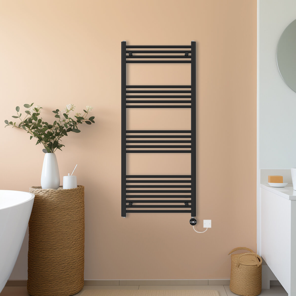 (Black, 1400x600mm) NRG Prefilled Thermostatic Electric Straight Heated Towel Rail Radiator