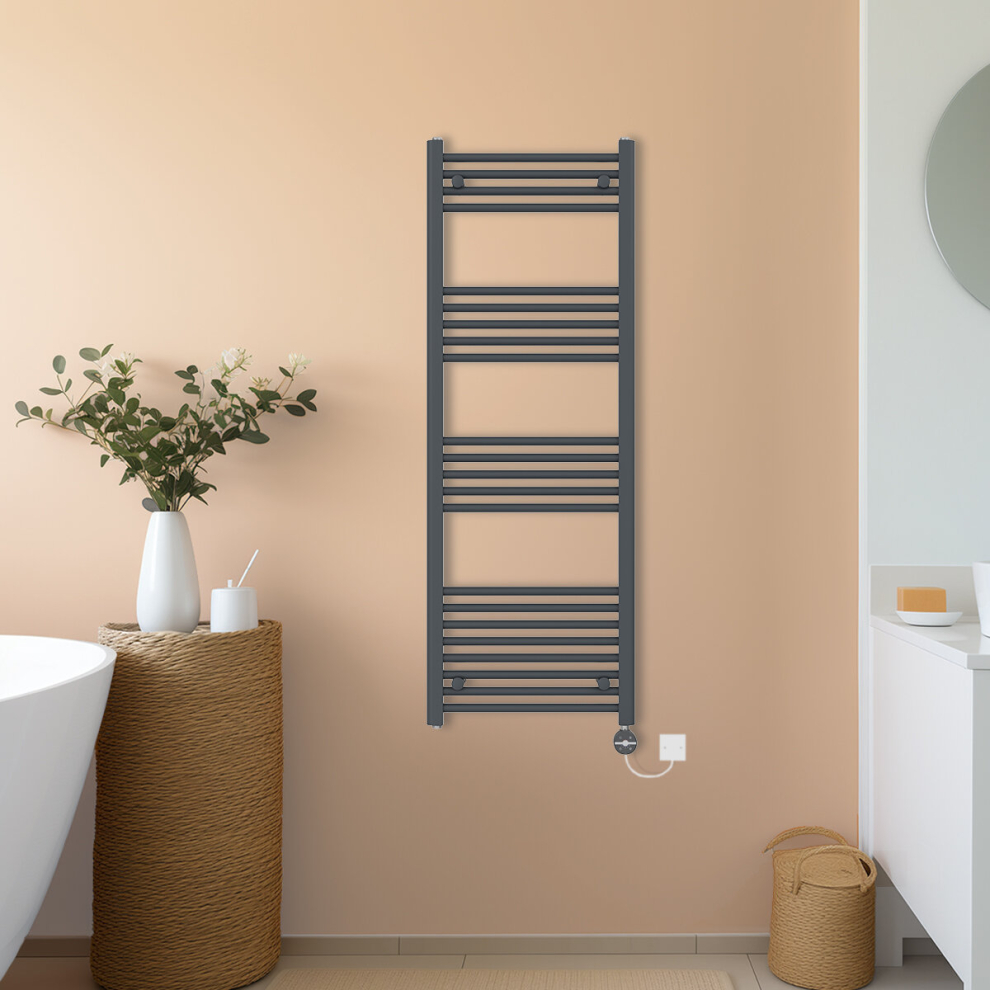 (Anthracite, 1400x500mm) NRG Prefilled Thermostatic Electric Straight Heated Towel Rail Radiator