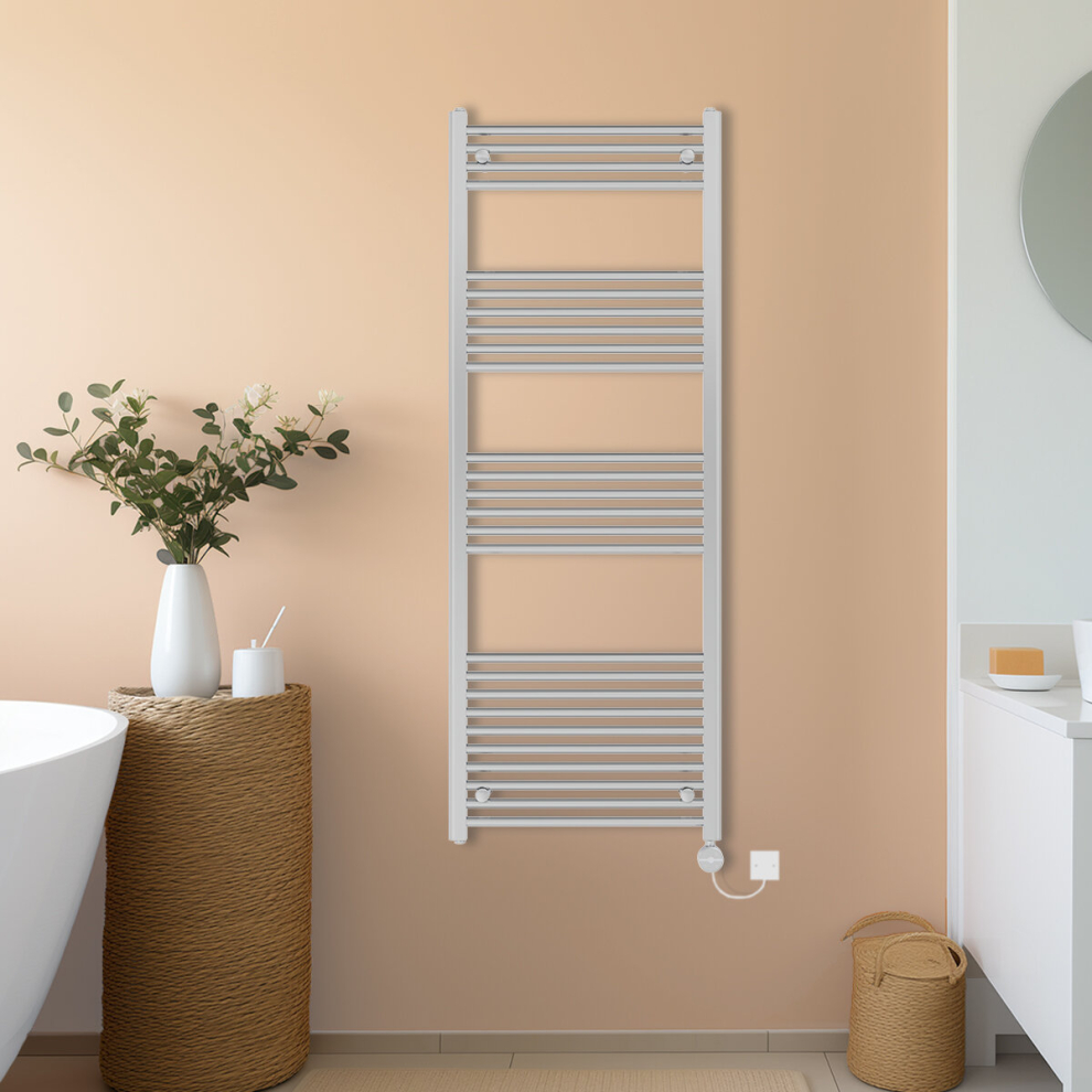 (Chrome, 1600x600mm) NRG Prefilled Thermostatic Electric Straight Heated Towel Rail Radiator