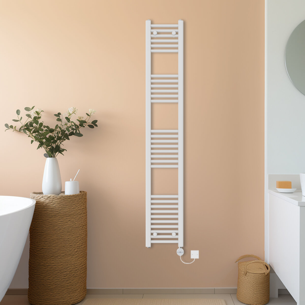 (White, 1800x300mm) NRG Prefilled Thermostatic Electric Straight Heated Towel Rail Radiator