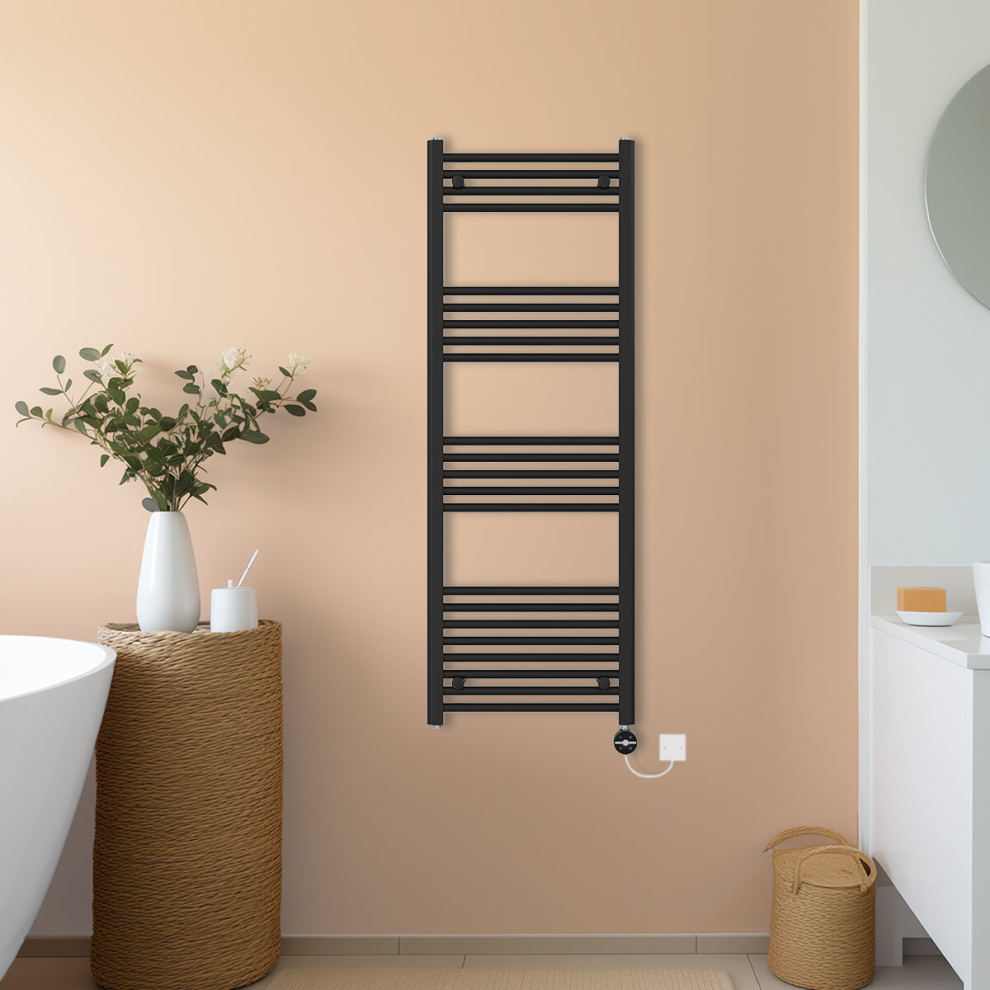 (Black, 1400x500mm) NRG Prefilled Thermostatic Electric Straight Heated Towel Rail Radiator