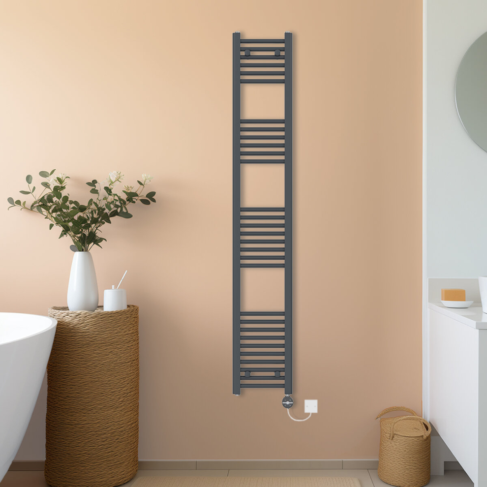 (Anthracite, 1800x300mm) NRG Prefilled Thermostatic Electric Straight Heated Towel Rail Radiator