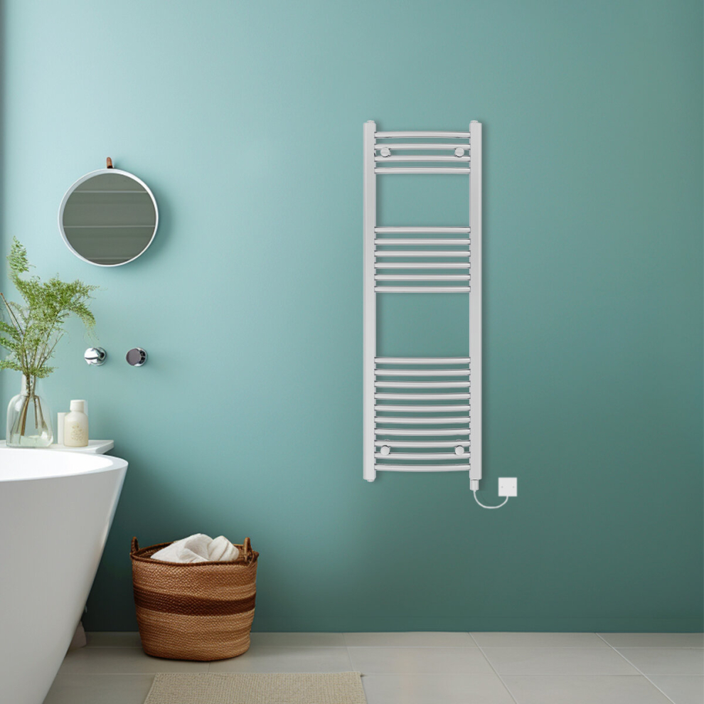 (Chrome, 1200x400mm) Bathroom Curved Prefilled Electric Heated Towel Rail Ladder Warmer Radiator