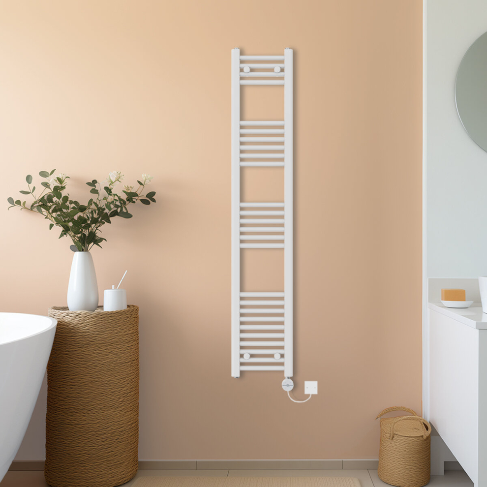 (White, 1600x300mm) NRG Prefilled Thermostatic Electric Straight Heated Towel Rail Radiator