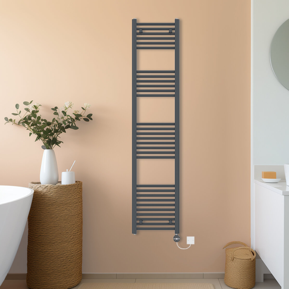 (Anthracite, 1800x400mm) NRG Prefilled Thermostatic Electric Straight Heated Towel Rail Radiator